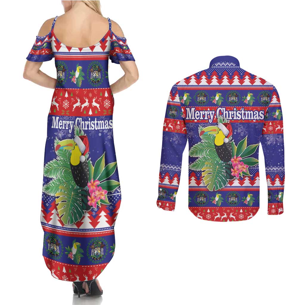 Belize Keel-billed Toucan Bird Christmas Couples Matching Summer Maxi Dress and Long Sleeve Button Shirt Feliz Navidad With Knitted Christmas Pattern - Wonder Print Shop