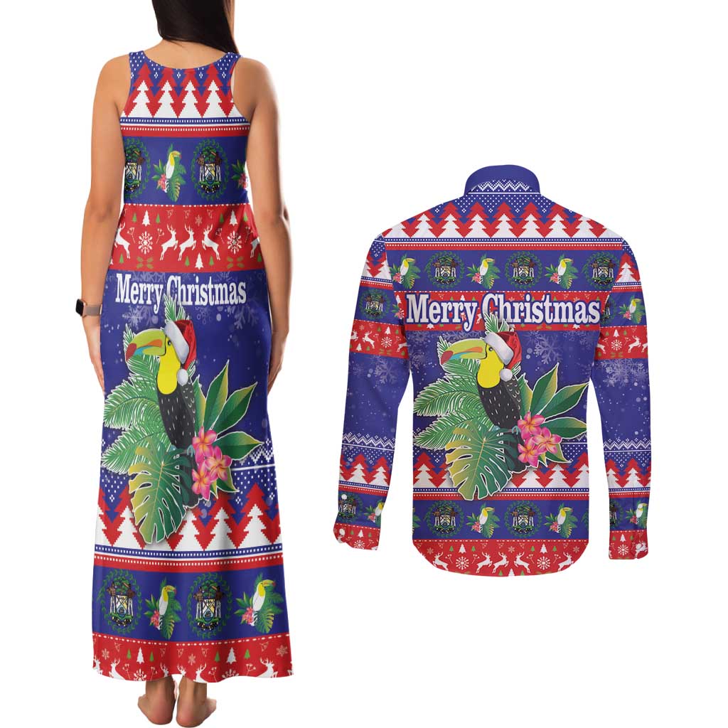 Belize Keel-billed Toucan Bird Christmas Couples Matching Tank Maxi Dress and Long Sleeve Button Shirt Feliz Navidad With Knitted Christmas Pattern - Wonder Print Shop