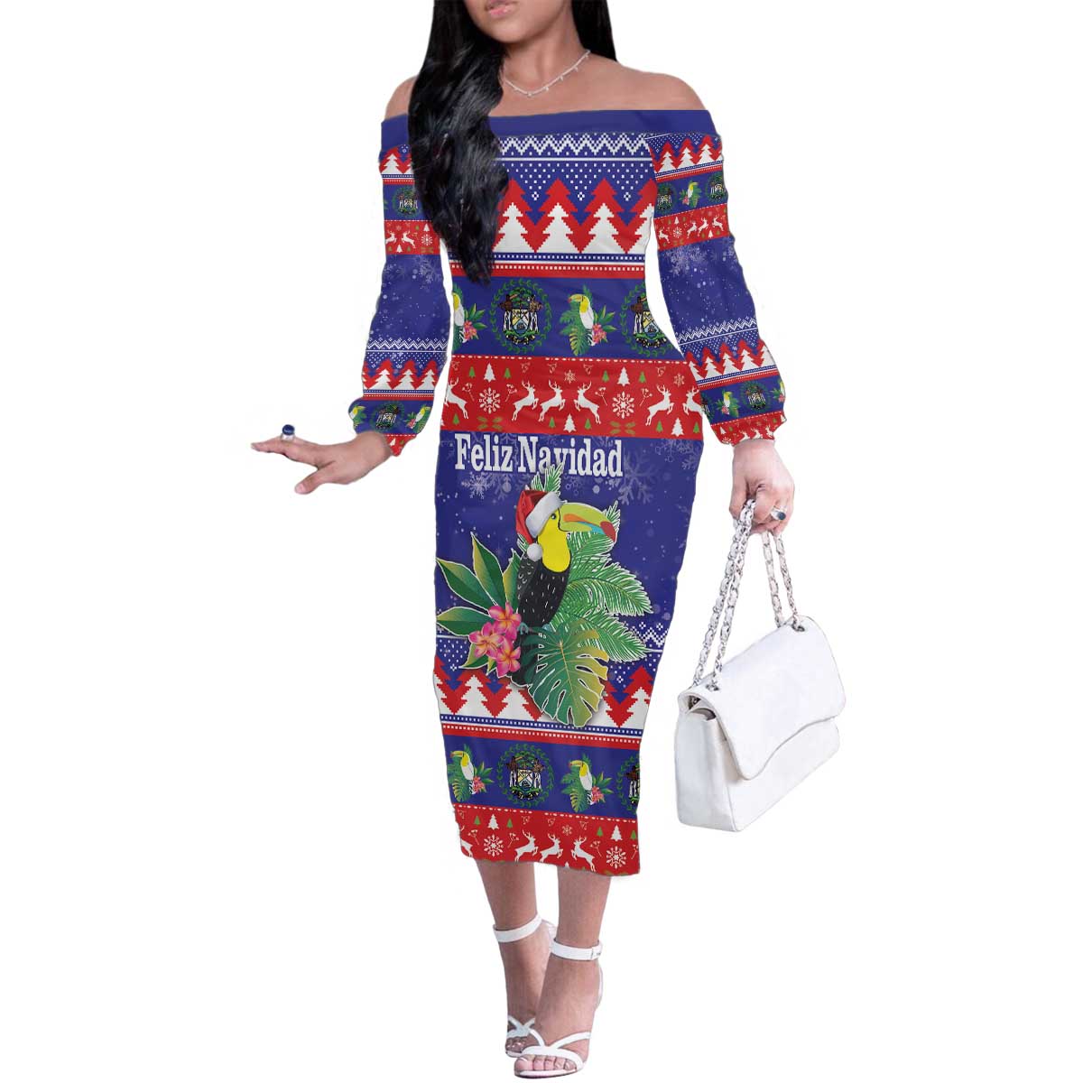 Belize Keel-billed Toucan Bird Christmas Family Matching Off The Shoulder Long Sleeve Dress and Hawaiian Shirt Feliz Navidad With Knitted Christmas Pattern - Wonder Print Shop