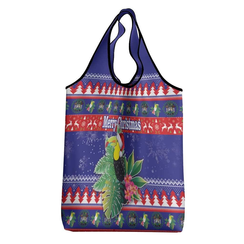 Belize Keel-billed Toucan Bird Christmas Grocery Bag Feliz Navidad With Knitted Christmas Pattern
