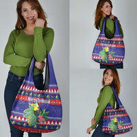 Belize Keel-billed Toucan Bird Christmas Grocery Bag Feliz Navidad With Knitted Christmas Pattern