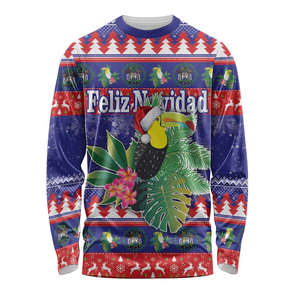 Belize Keel-billed Toucan Bird Christmas Long Sleeve Shirt Feliz Navidad With Knitted Christmas Pattern - Wonder Print Shop
