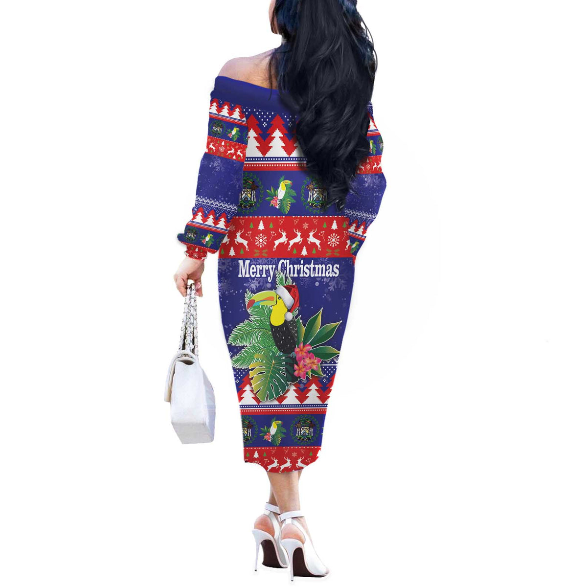Belize Keel-billed Toucan Bird Christmas Off The Shoulder Long Sleeve Dress Feliz Navidad With Knitted Christmas Pattern - Wonder Print Shop