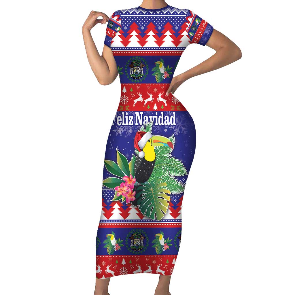 Belize Keel-billed Toucan Bird Christmas Short Sleeve Bodycon Dress Feliz Navidad With Knitted Christmas Pattern - Wonder Print Shop