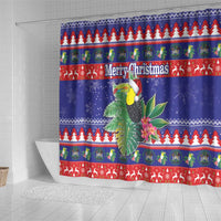 Belize Keel-billed Toucan Bird Christmas Shower Curtain Feliz Navidad With Knitted Christmas Pattern