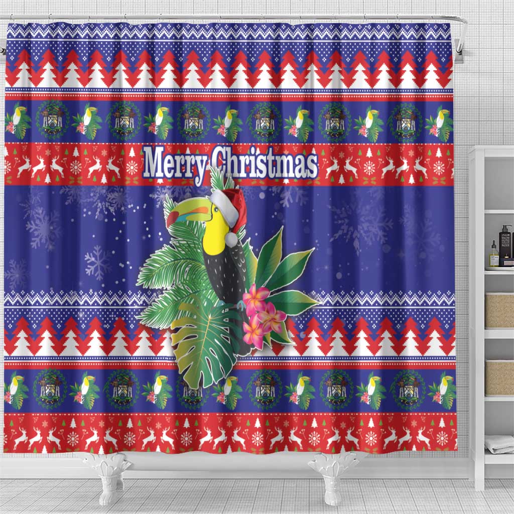Belize Keel-billed Toucan Bird Christmas Shower Curtain Feliz Navidad With Knitted Christmas Pattern