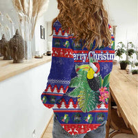 Belize Keel-billed Toucan Bird Christmas Women Casual Shirt Feliz Navidad With Knitted Christmas Pattern - Wonder Print Shop