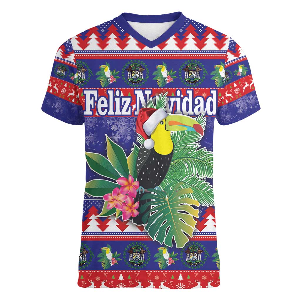 Belize Keel-billed Toucan Bird Christmas Women V-Neck T-Shirt Feliz Navidad With Knitted Christmas Pattern - Wonder Print Shop