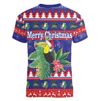 Belize Keel-billed Toucan Bird Christmas Women V-Neck T-Shirt Feliz Navidad With Knitted Christmas Pattern - Wonder Print Shop