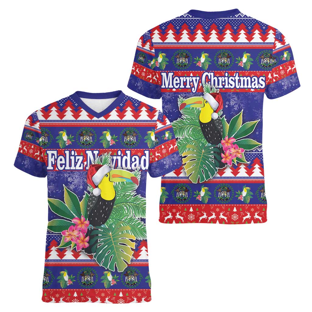 Belize Keel-billed Toucan Bird Christmas Women V-Neck T-Shirt Feliz Navidad With Knitted Christmas Pattern - Wonder Print Shop