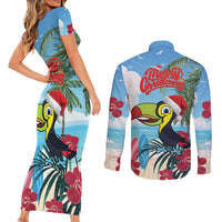 Belize Keel-billed Toucan Christmas Couples Matching Short Sleeve Bodycon Dress and Long Sleeve Button Shirt Black Orchid Christmas Beach Vibe - Wonder Print Shop