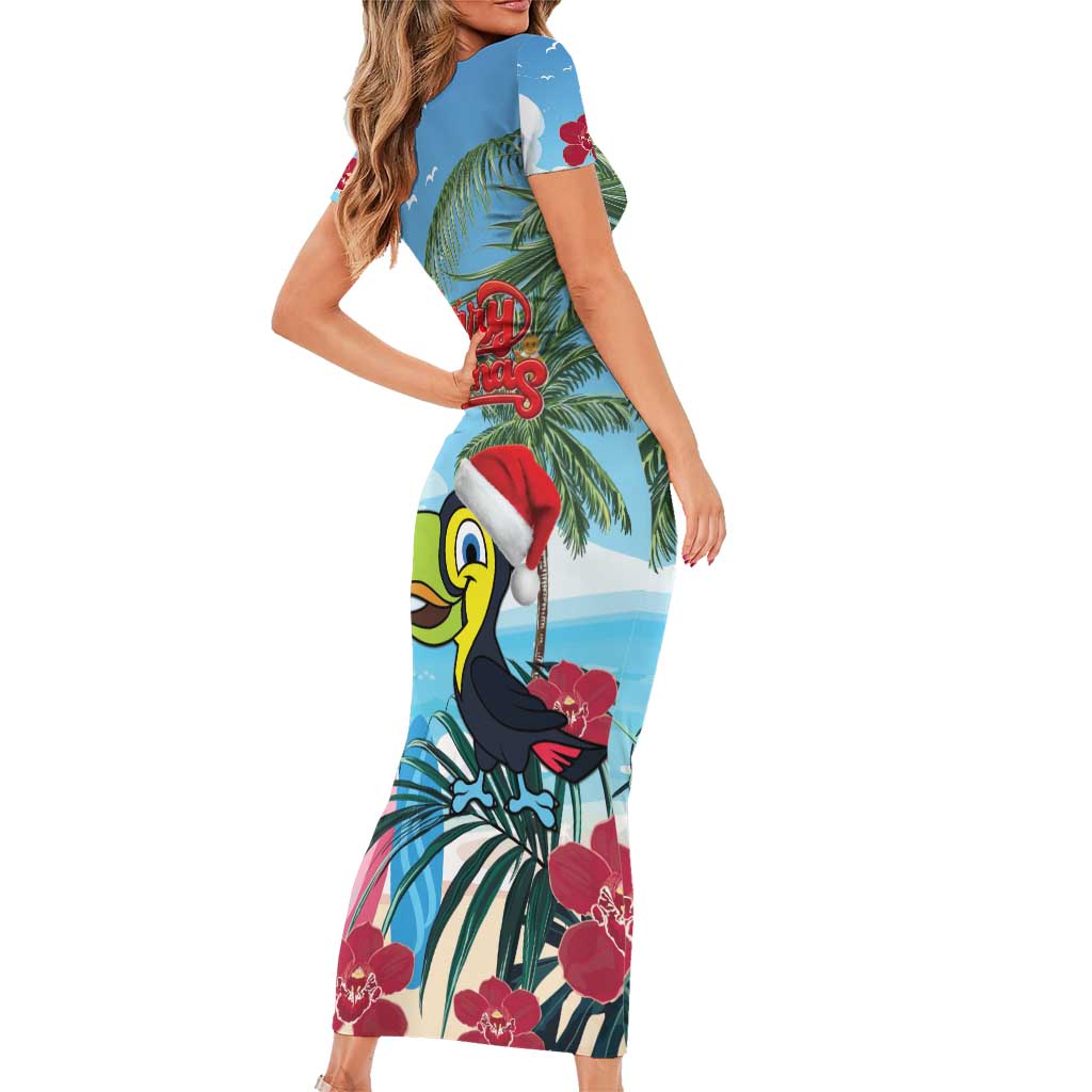 Belize Keel-billed Toucan Christmas Family Matching Short Sleeve Bodycon Dress and Hawaiian Shirt Black Orchid Christmas Beach Vibe - Wonder Print Shop