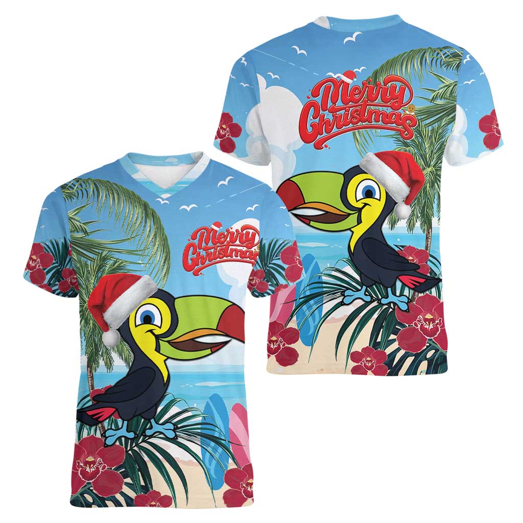 Belize Keel-billed Toucan Christmas Women V-Neck T-Shirt Black Orchid Christmas Beach Vibe - Wonder Print Shop