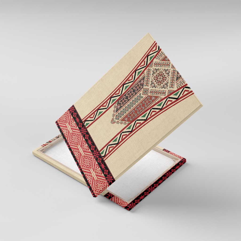 Traditional Romanian Canvas Wall Art With Red Traditional Embroidery Patterns