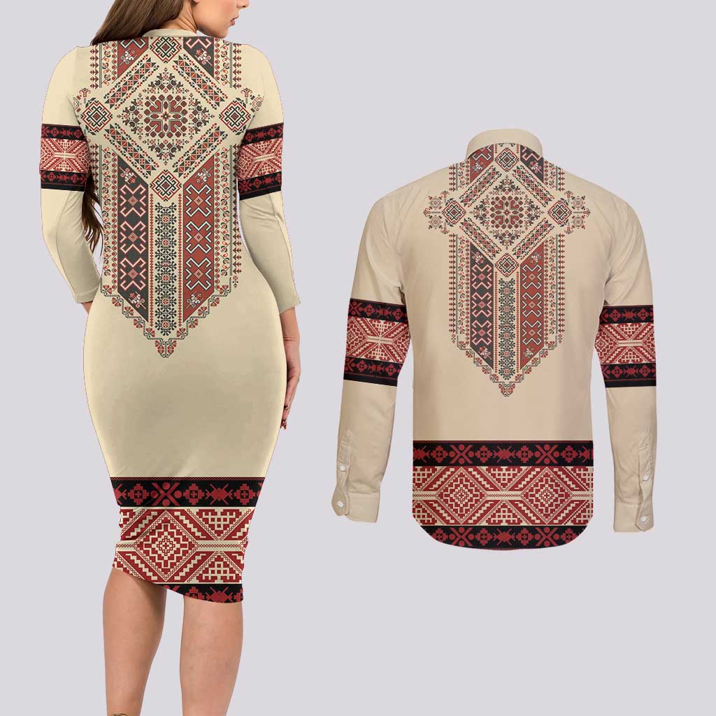 Traditional Romanian Couples Matching Long Sleeve Bodycon Dress and Long Sleeve Button Shirt With Red Traditional Embroidery Patterns