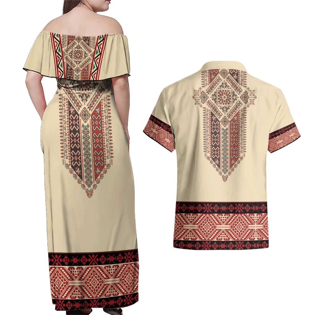 Traditional Romanian Couples Matching Off Shoulder Maxi Dress and Hawaiian Shirt With Red Traditional Embroidery Patterns