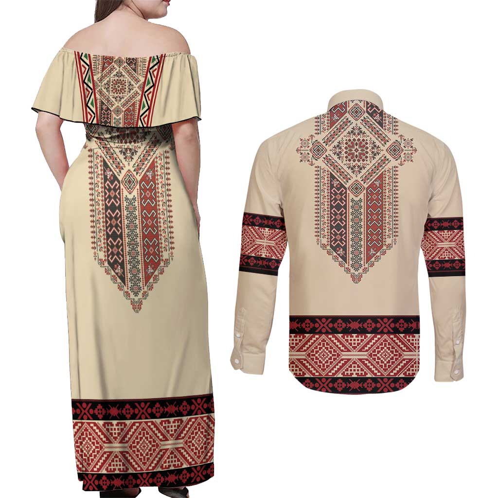 Traditional Romanian Couples Matching Off Shoulder Maxi Dress and Long Sleeve Button Shirt With Red Traditional Embroidery Patterns