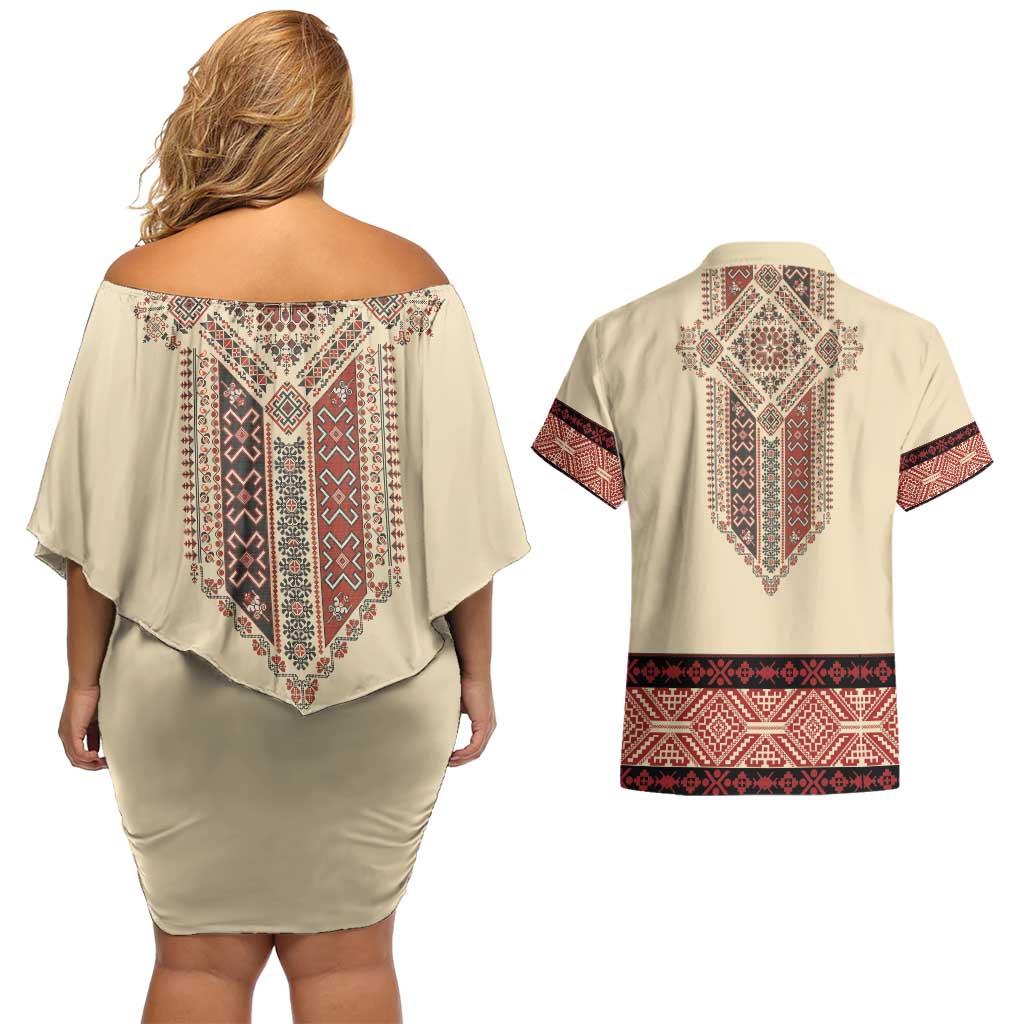 Traditional Romanian Couples Matching Off Shoulder Short Dress and Hawaiian Shirt With Red Traditional Embroidery Patterns