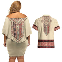 Traditional Romanian Couples Matching Off Shoulder Short Dress and Hawaiian Shirt With Red Traditional Embroidery Patterns