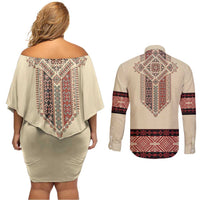 Traditional Romanian Couples Matching Off Shoulder Short Dress and Long Sleeve Button Shirt With Red Traditional Embroidery Patterns
