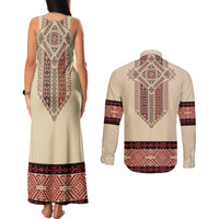 Traditional Romanian Couples Matching Tank Maxi Dress and Long Sleeve Button Shirt With Red Traditional Embroidery Patterns