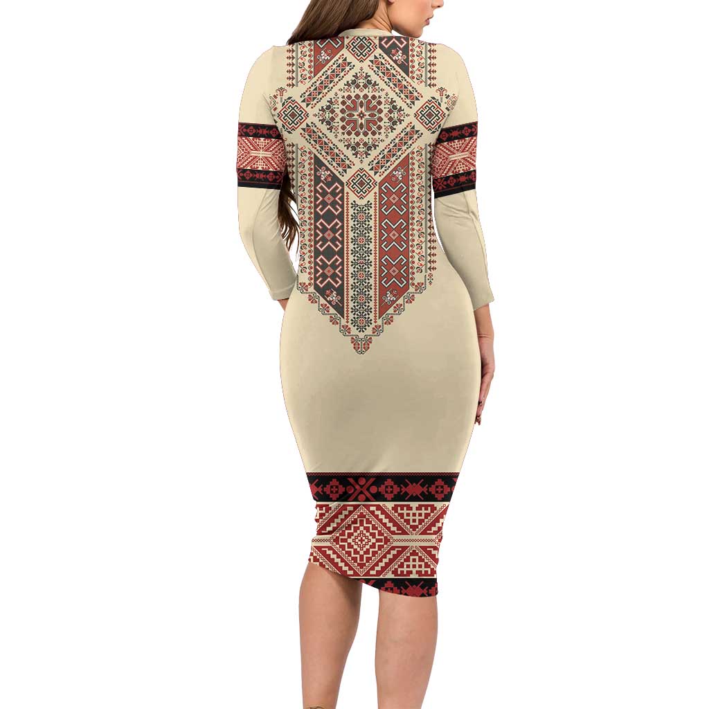 Traditional Romanian Family Matching Long Sleeve Bodycon Dress and Hawaiian Shirt With Red Traditional Embroidery Patterns