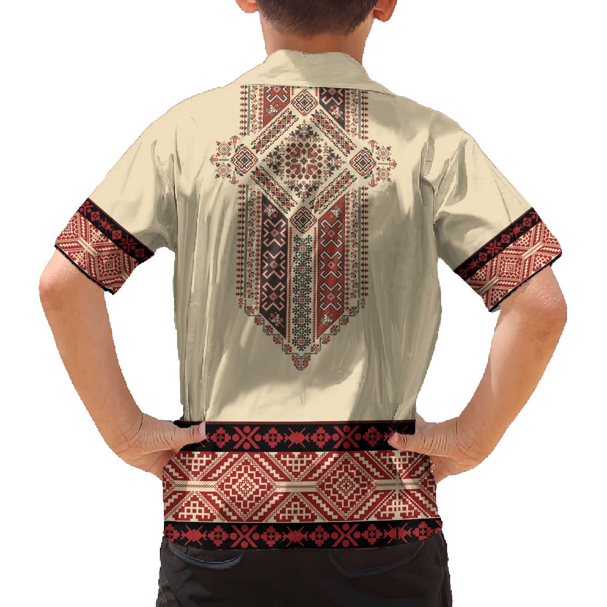 Traditional Romanian Family Matching Off The Shoulder Long Sleeve Dress and Hawaiian Shirt With Red Traditional Embroidery Patterns