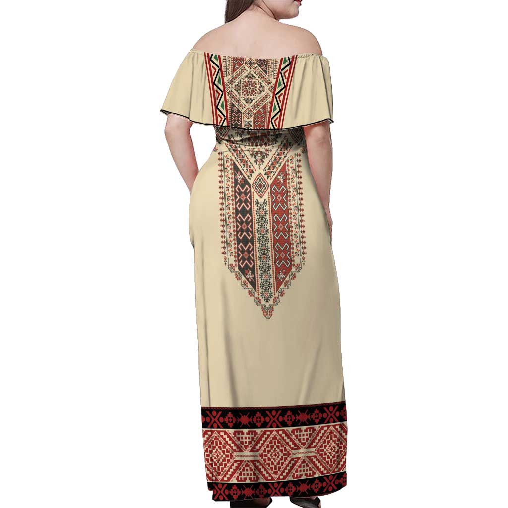 Traditional Romanian Family Matching Off Shoulder Maxi Dress and Hawaiian Shirt With Red Traditional Embroidery Patterns