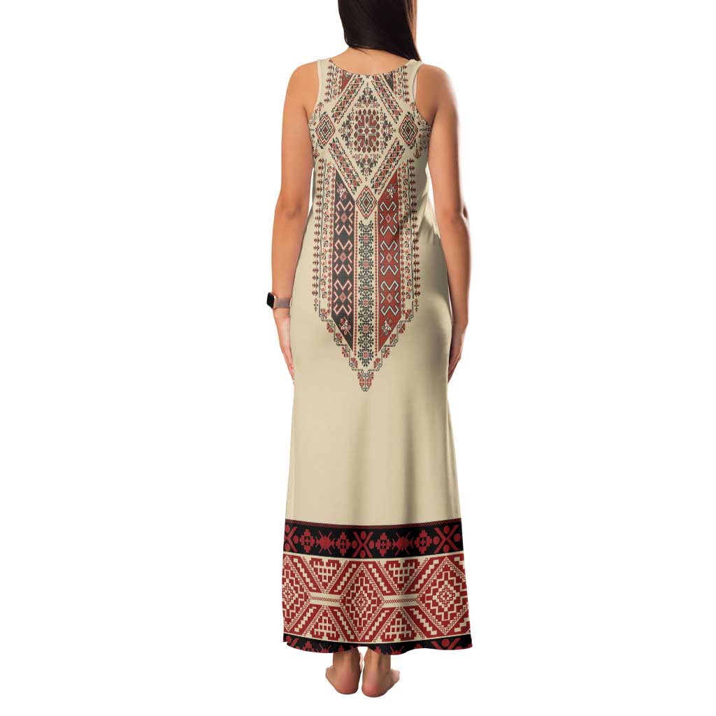 Traditional Romanian Family Matching Tank Maxi Dress and Hawaiian Shirt With Red Traditional Embroidery Patterns