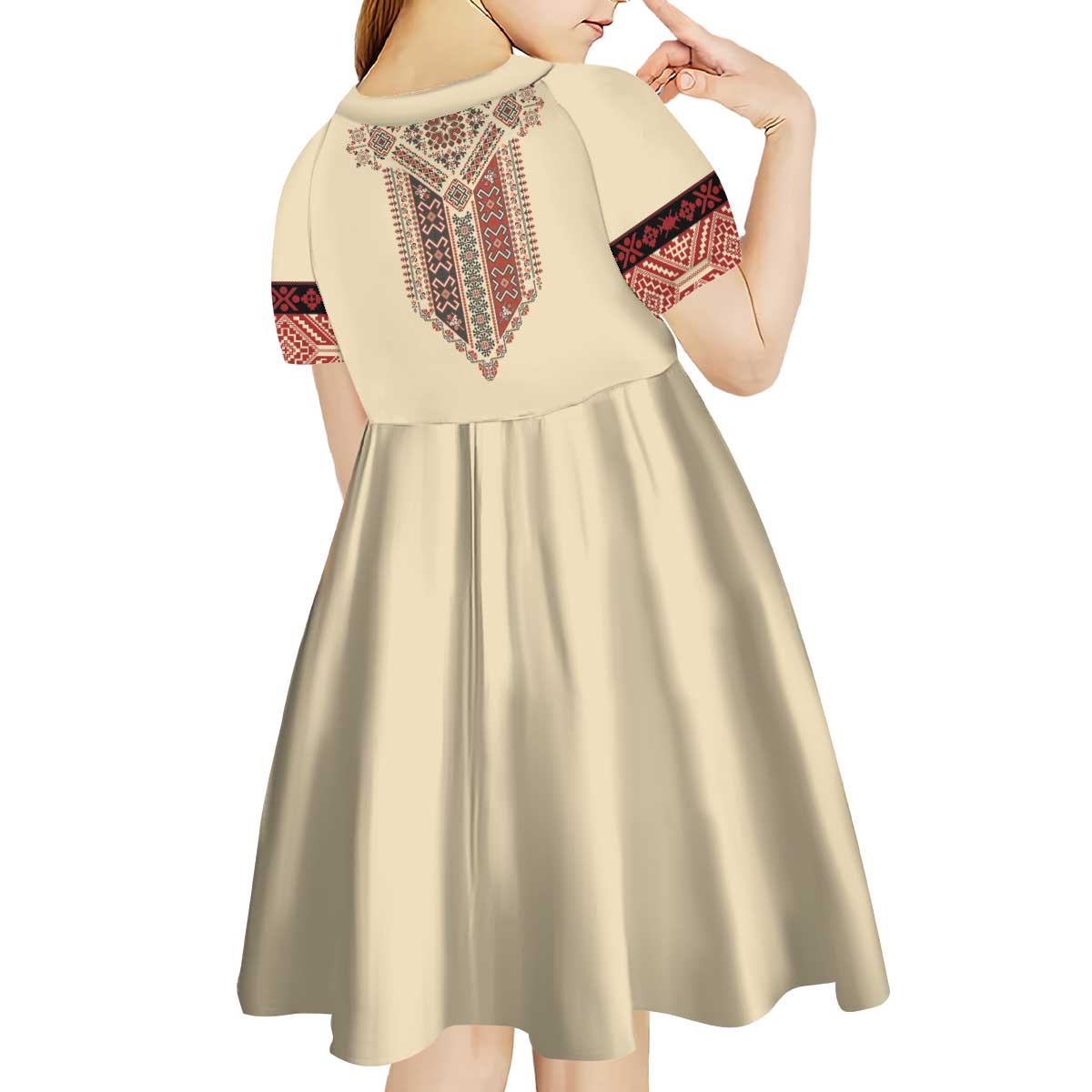 Traditional Romanian Kid Short Sleeve Dress With Red Traditional Embroidery Patterns