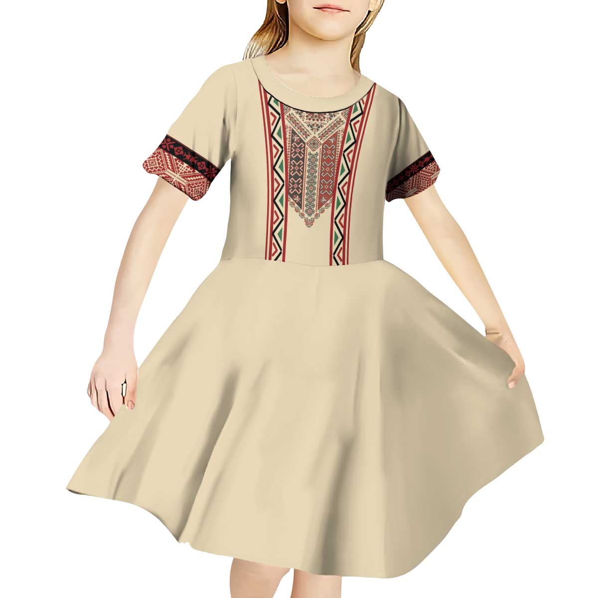 Traditional Romanian Kid Short Sleeve Dress With Red Traditional Embroidery Patterns