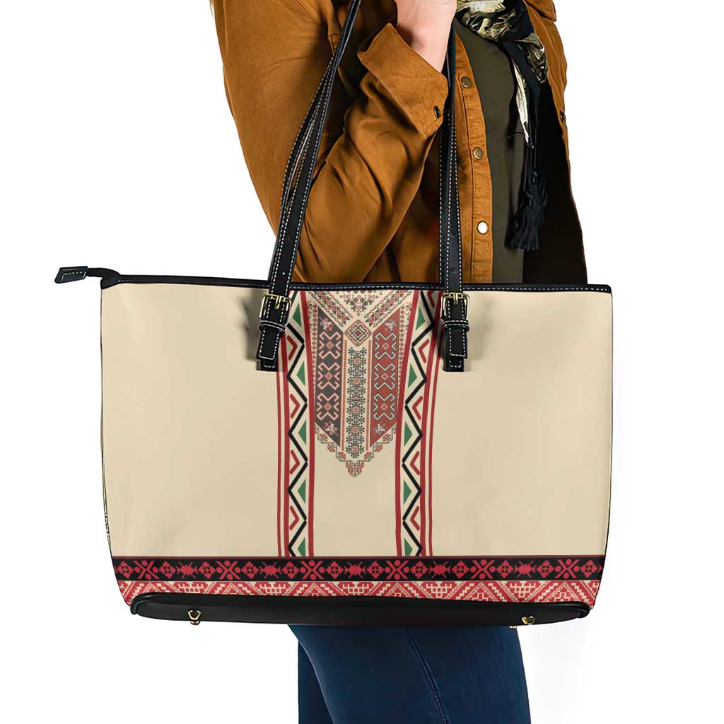 Traditional Romanian Leather Tote Bag With Red Traditional Embroidery Patterns