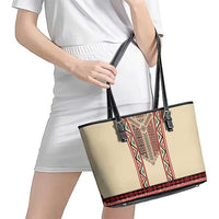 Traditional Romanian Leather Tote Bag With Red Traditional Embroidery Patterns
