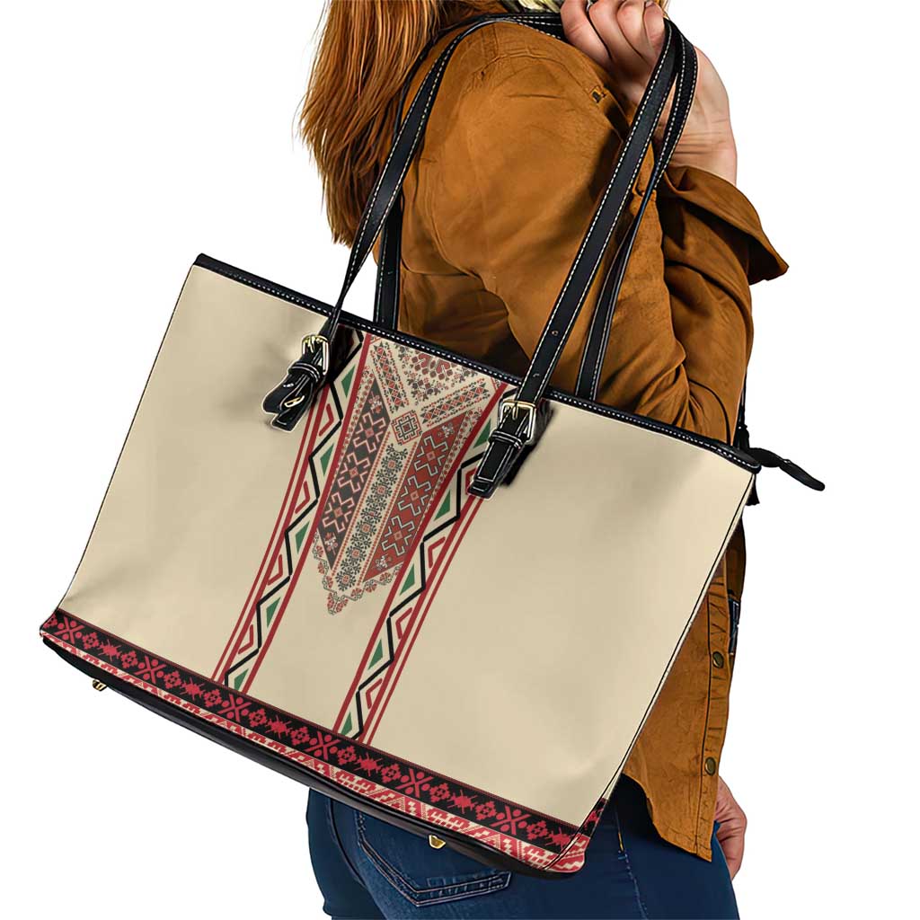 Traditional Romanian Leather Tote Bag With Red Traditional Embroidery Patterns