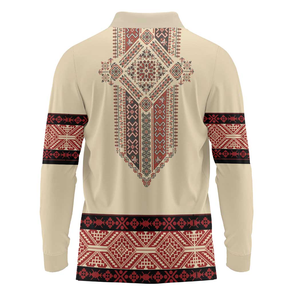 Traditional Romanian Long Sleeve Polo Shirt With Red Traditional Embroidery Patterns