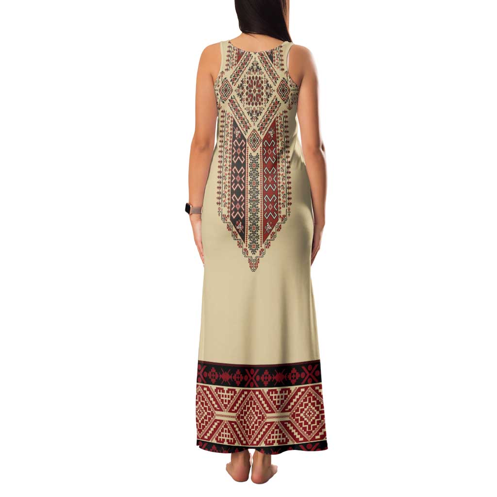 Traditional Romanian Tank Maxi Dress With Red Traditional Embroidery Patterns - Wonder Print Shop