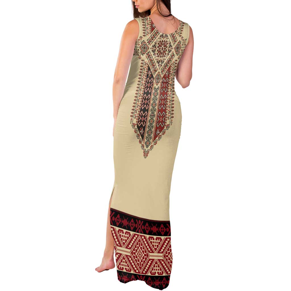 Traditional Romanian Tank Maxi Dress With Red Traditional Embroidery Patterns - Wonder Print Shop