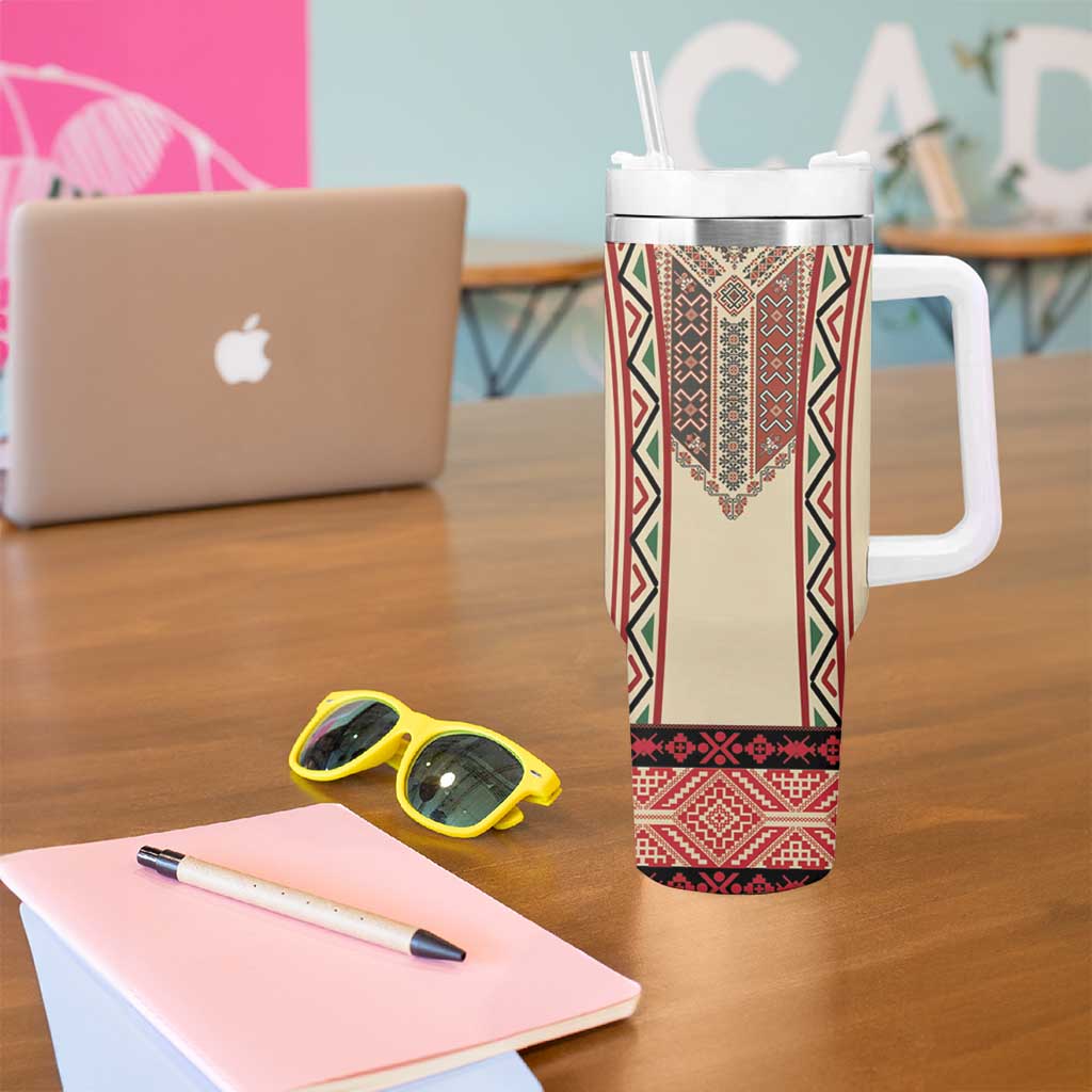 Traditional Romanian Tumbler With Handle With Red Traditional Embroidery Patterns - Wonder Print Shop