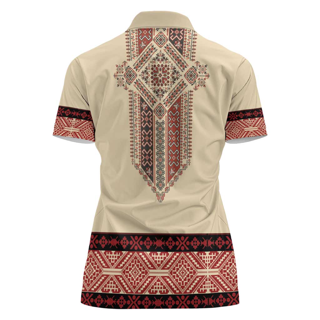 Traditional Romanian Women Polo Shirt With Red Traditional Embroidery Patterns - Wonder Print Shop