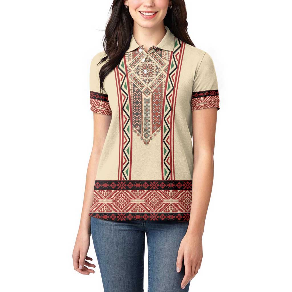 Traditional Romanian Women Polo Shirt With Red Traditional Embroidery Patterns - Wonder Print Shop