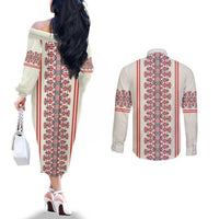 Happy Martisor Day Couples Matching Off The Shoulder Long Sleeve Dress and Long Sleeve Button Shirt Traditional Romanian Folklore Pattern
