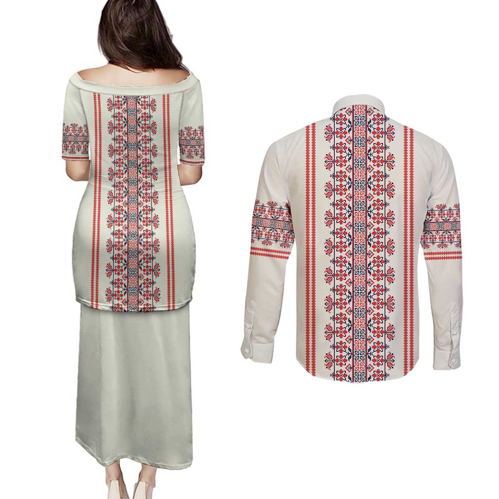 Happy Martisor Day Couples Matching Puletasi and Long Sleeve Button Shirt Traditional Romanian Folklore Pattern