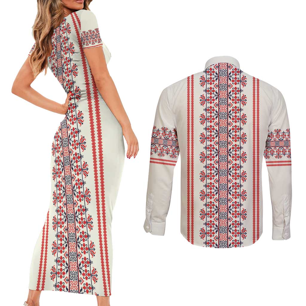 Happy Martisor Day Couples Matching Short Sleeve Bodycon Dress and Long Sleeve Button Shirt Traditional Romanian Folklore Pattern