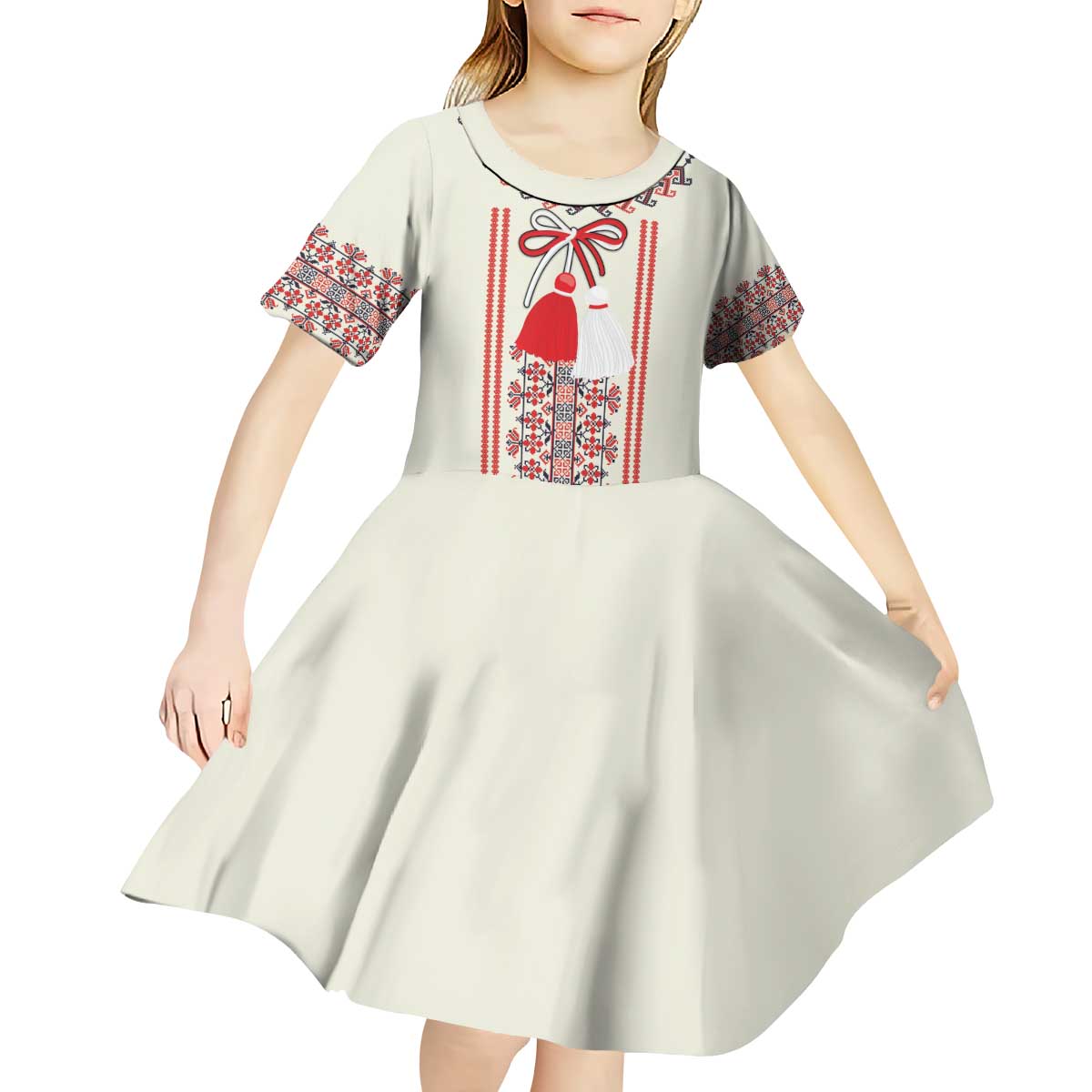 Happy Martisor Day Kid Short Sleeve Dress Traditional Romanian Folklore Pattern