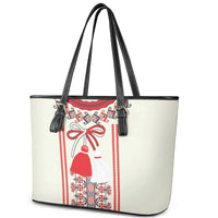 Happy Martisor Day Leather Tote Bag Traditional Romanian Folklore Pattern