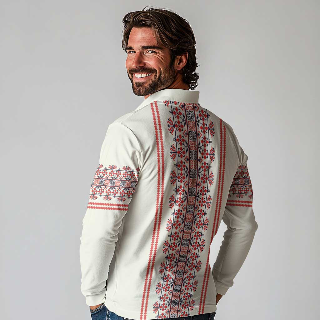 Happy Martisor Day Long Sleeve Polo Shirt Traditional Romanian Folklore Pattern