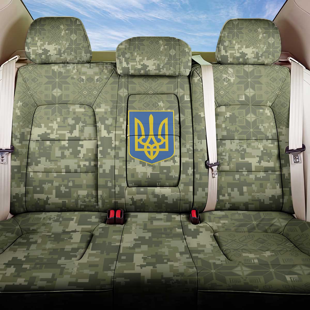 Ukraine Military Vyshyvanka Pattern Back Car Seat Cover Tryzub Emblem Tactical Style - Wonder Print Shop