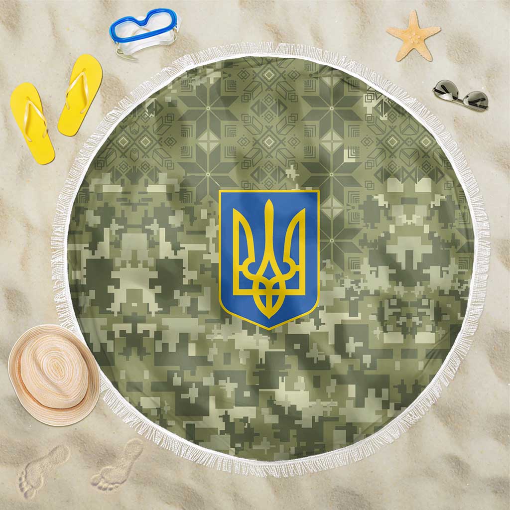 Ukraine Military Vyshyvanka Pattern Beach Blanket Tryzub Emblem Tactical Style - Wonder Print Shop