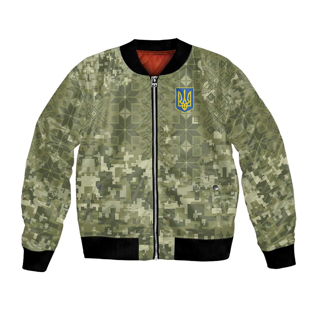 Ukraine Military Vyshyvanka Pattern Bomber Jacket Tryzub Emblem Tactical Style - Wonder Print Shop