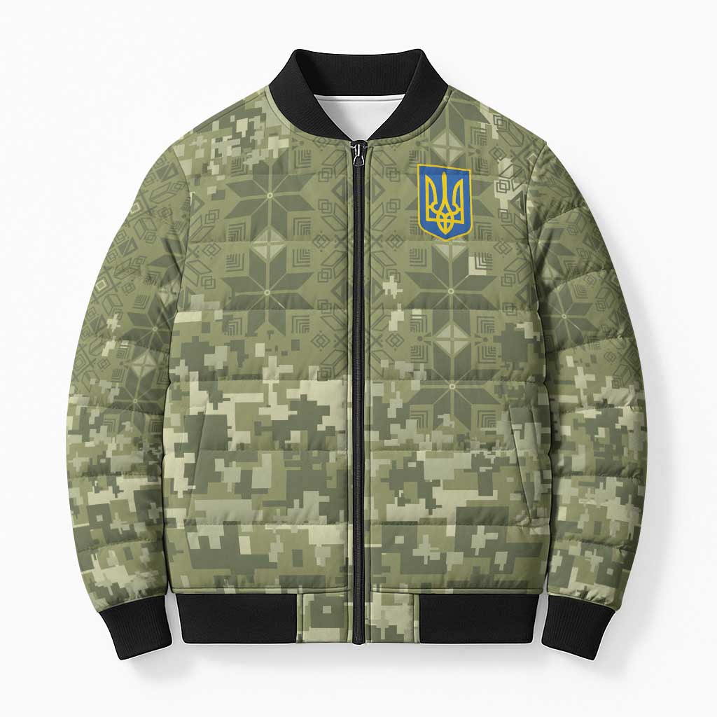 Ukraine Military Vyshyvanka Pattern Bomber Puffer Jacket Tryzub Emblem Tactical Style - Wonder Print Shop